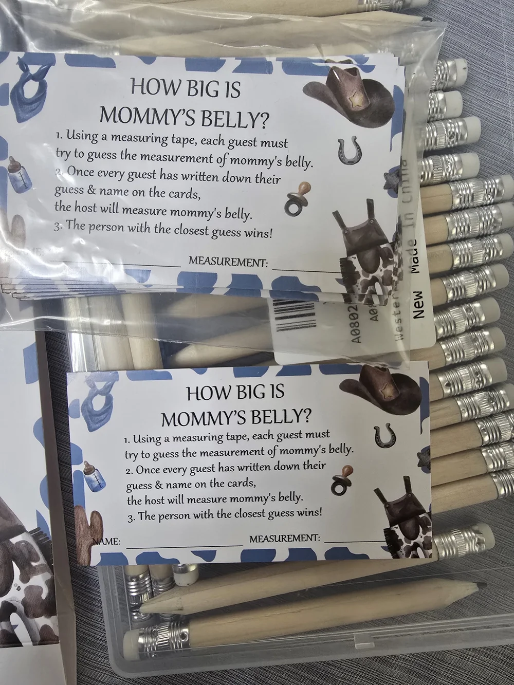 How Big Is Mommy Belly? Baby Shower Game Set - Blue Cowhide Theme